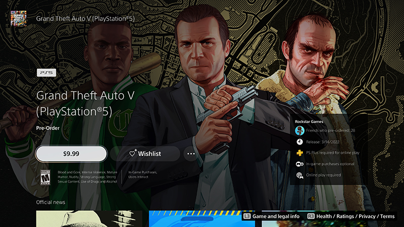 GTA V PS4 version can be updated to PS5 version for free