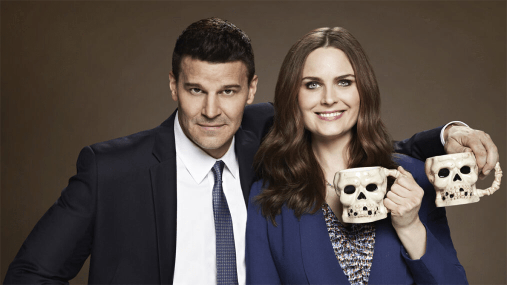 David Boreanaz and Emily Deschanel in a promotional photo for Bones
