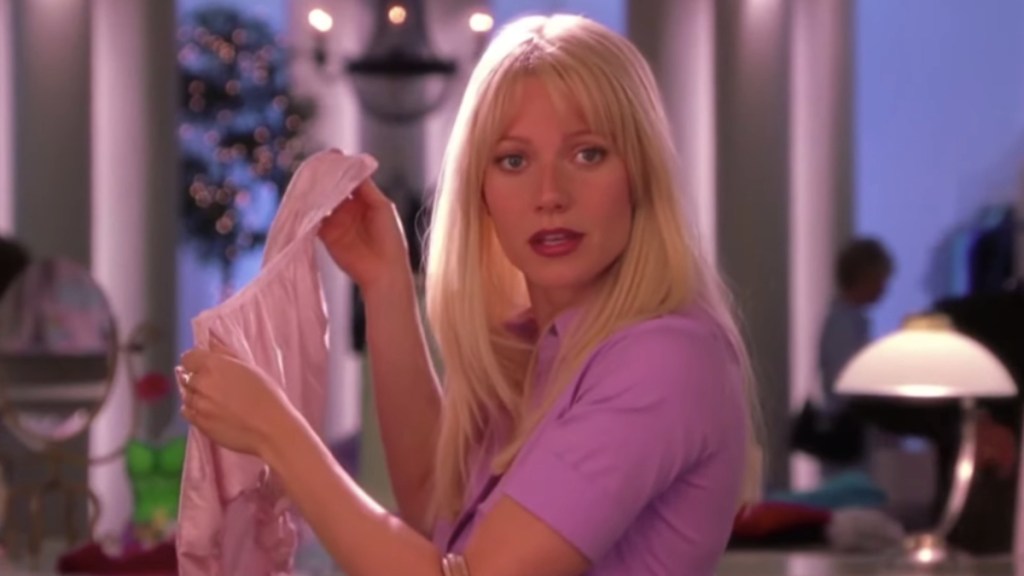 Gwyneth Paltrow as Rosemary in Shallow Hal holding up oversize panties.