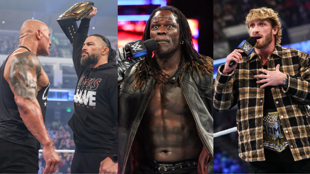 WWE Superstars The Rock, Roman Reigns, R Truth and Logan Paul