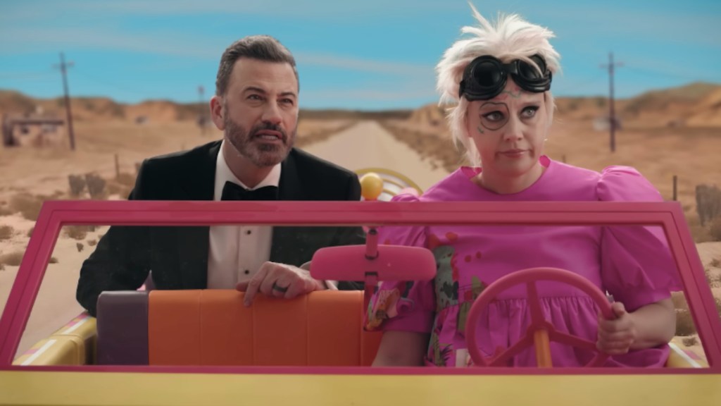 Jimmy Kimmel and Weird Barbie driving to Oscarland in the Oscars 2024 promo