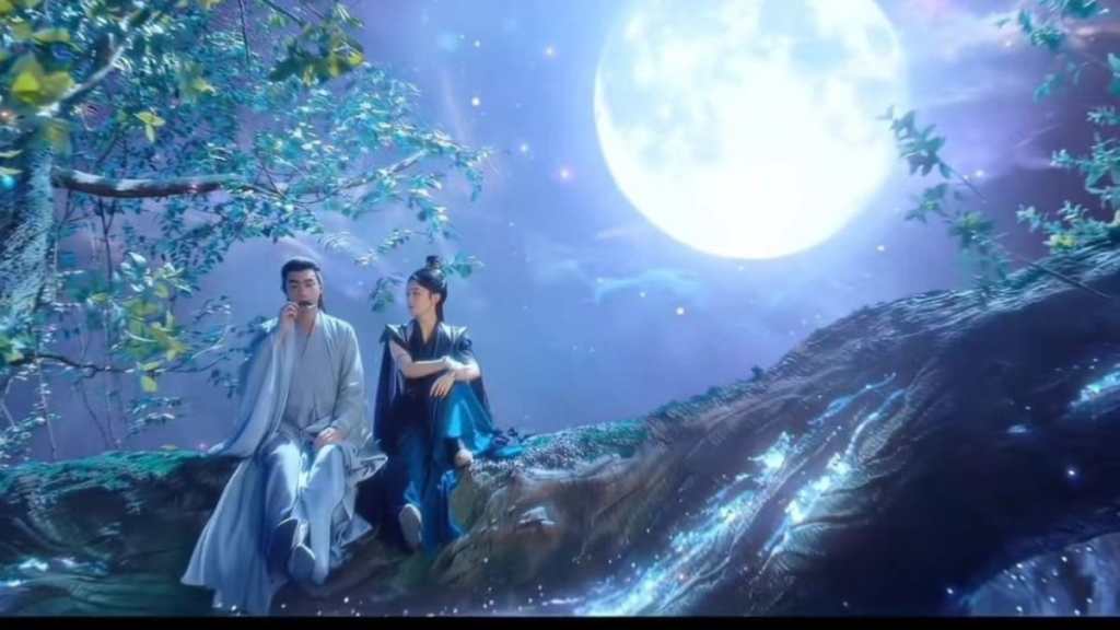 Lin Gengxin and Zhao Liying sit on a tree under the moonlight