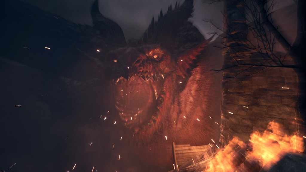 Dragon's Dogma 2: a huge dragon roaring towards the camera.