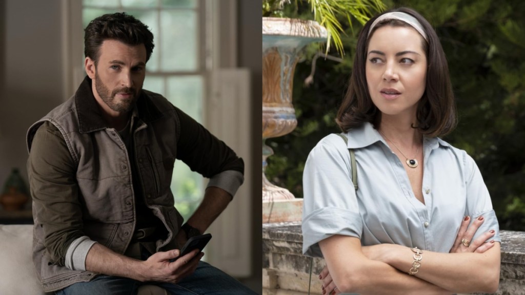 Chris Evans sits on a bed, while Aubrey Plaza stands looking on.