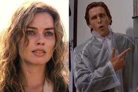 Margot Robbie looks, while Christian Bale points and smirks.