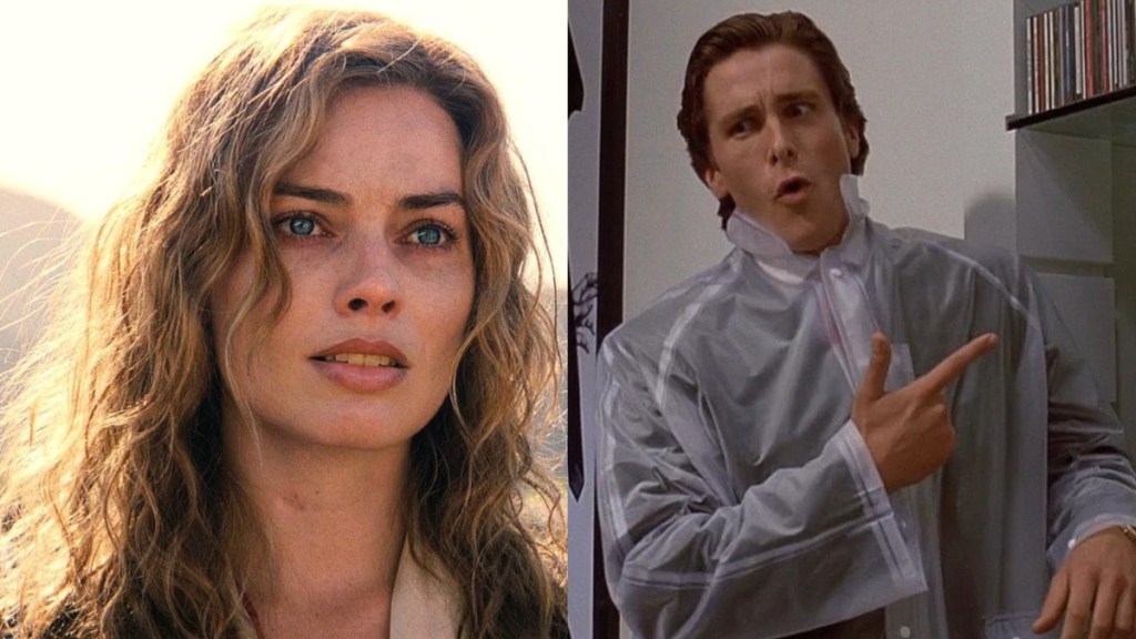 Margot Robbie looks, while Christian Bale points and smirks.