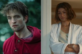 Robert Pattinson stares on the left, while Zendaya looks on the right.