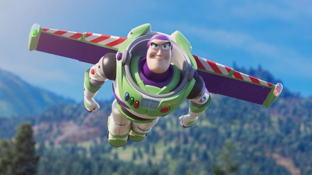 Buzz Lightyear flying in Toy Story.