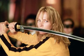 Uma Thurman holds a sword in Kill Bill.