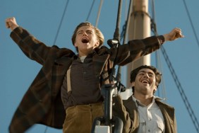 Leonardo DiCaprio puts his hands up in Titanic.