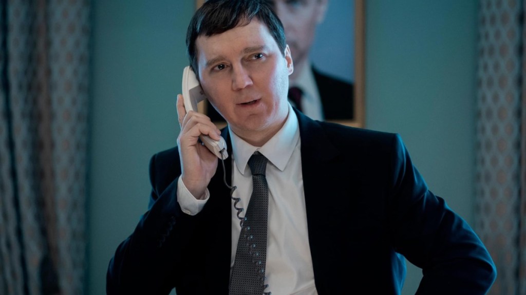 Paul Dano holds a phone to his ear in The Wizard of the Kremlin.