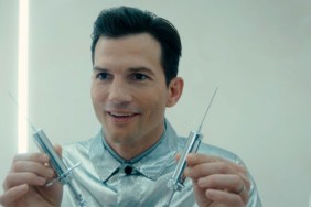Ashton Kutcher holds up needles in The Beauty trailer.