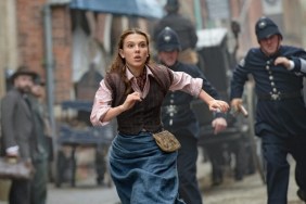 Enola Holmes runs down the street in Netflix movie.