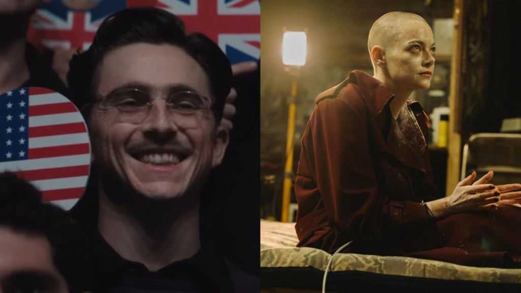 Timothee Chalamet in Marty Supreme and Emma Stone in Bugonia.