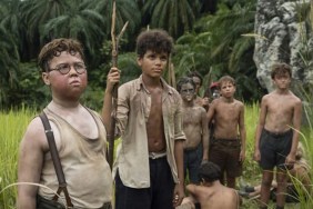 A group of boys in the jungle for Lord of the Flies.