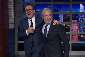 Jon Stewart Brings Surprise Guest & Cancellation Gift for Stephen Colbert