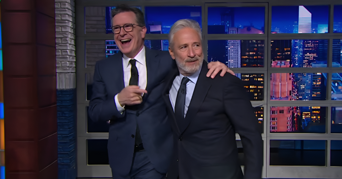Jon Stewart Brings Surprise Guest & Cancellation Gift for Stephen Colbert