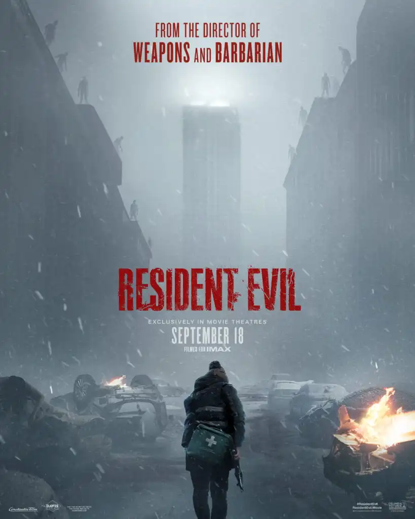 A character walks down the street on the Resident Evil poster.