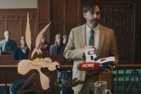 Coyote vs. Acme still of Wile E. Coyote in court with Will Forte