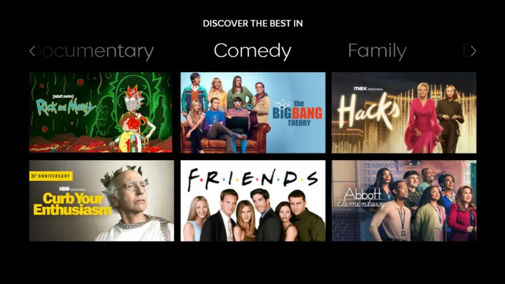 HBO Max comedy section