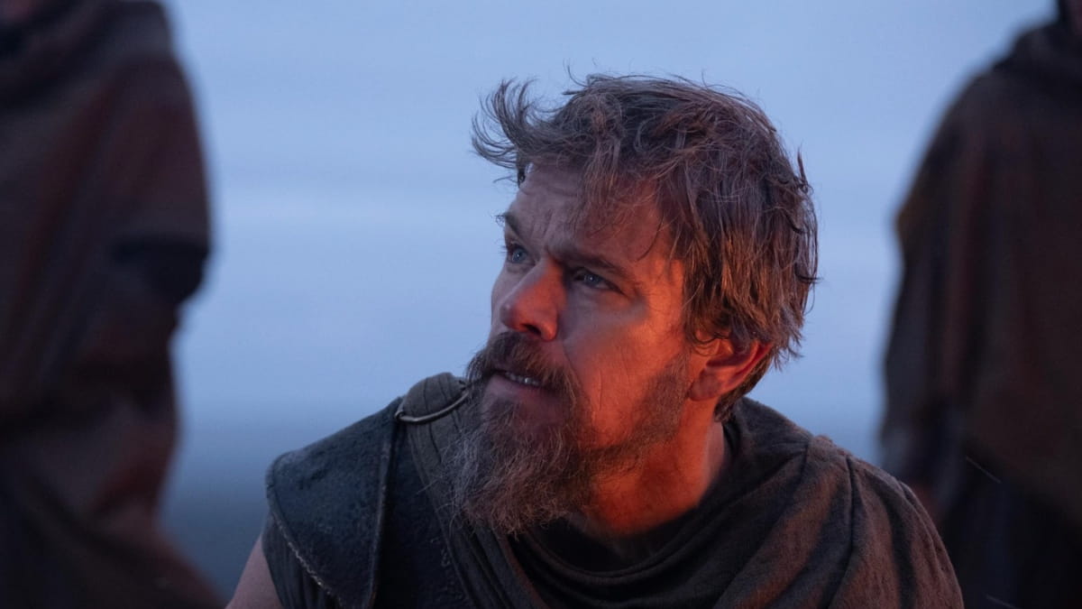 Matt Damon looks up in The Odyssey.