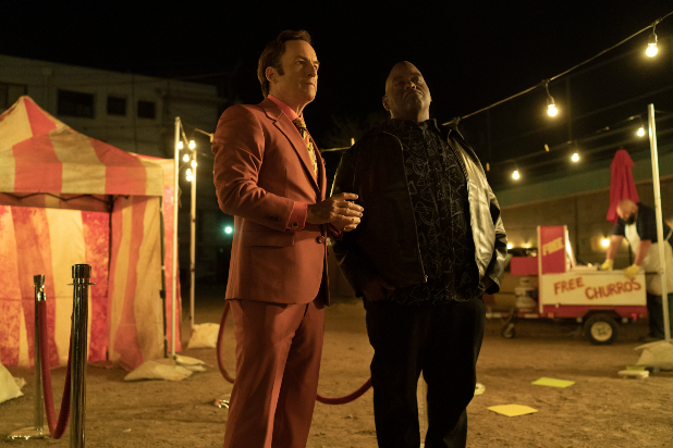 Bob Odenkirk as Jimmy McGill, Lavell Crawford as Huell Babineux - Better Call Saul _ Season 5 - Photo Credit: Warrick Page/AMC/Sony Pictures Television