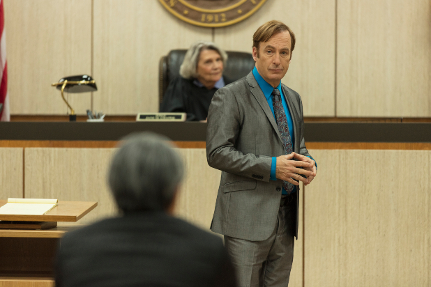 Bob Odenkirk as Jimmy McGill, Frances Lee McCain as Judge Chapak - Better Call Saul _ Season 5 - Photo Credit: Greg Lewis/AMC/Sony Pictures Television