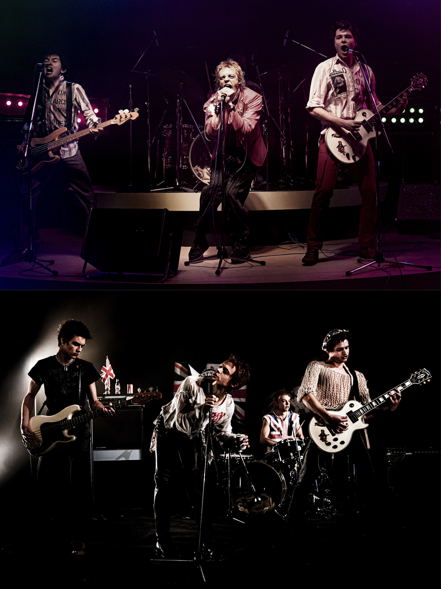 PISTOL -- Top: A first look image from Danny Boyle and FXâs Pistol. 
Left to right: Christian Lees as original bassist Glen Matlock, Anson Boon as singer John Lydon and Toby Wallace as guitarist Steve Jones.
 
Bottom: A first look image from Danny Boyle and FXâs Pistol. 
Left to right: Louis Partridge as bassist Sid Vicious, Anson Boon as singer John Lydon, Jacob Slater as drummer Paul Cook and Toby Wallace as guitarist Steve Jones.  CR: Miya Mizuno/FX

Image is to be used as presented and not cropped or edited to feature a single band image