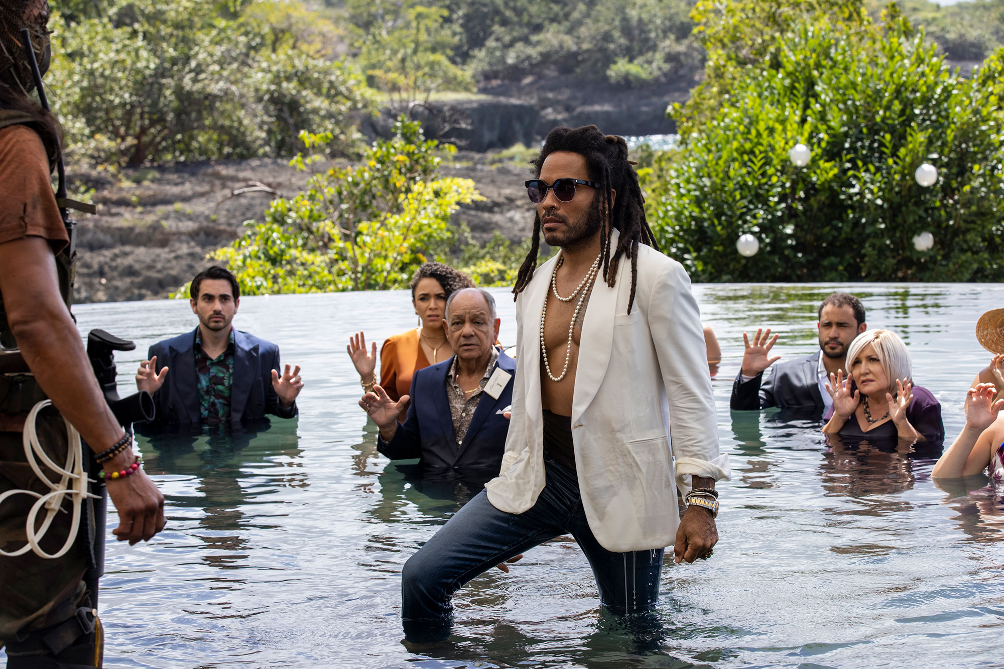 Cheech Marin as Robert Rivera and Lenny Kravitz as Sean Hawkins in Shotgun Wedding. Photo Credit: Ana Carballosa