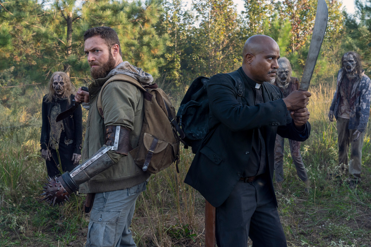 Seth Gilliam as Gabriel, Ross Marquand as Aaron - The Walking Dead _ Season 10 - Photo Credit: Josh Stringer/AMC