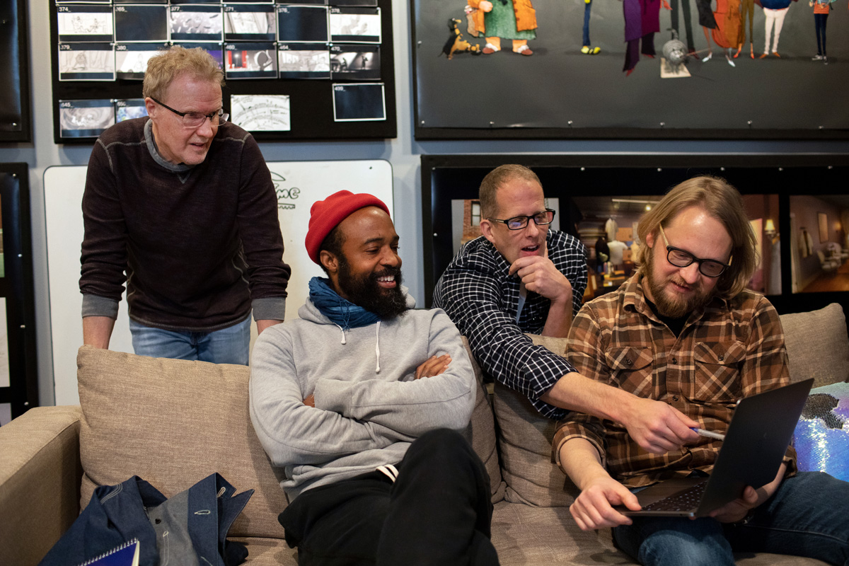 (Second from left) Cinematographer Bradford Young meets with "Soul" film crew members, including Steve Pilcher, Pete Docter and Ian Megibben, on February 5, 2019 at Pixar Animation Studios in Emeryville, Calif. (Photo by Deborah Coleman / Pixar)