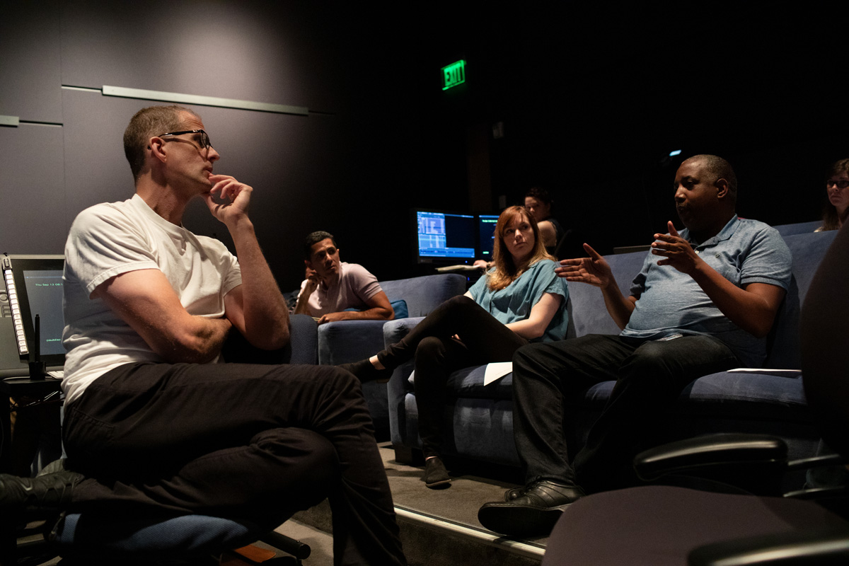 A "Soul" review in the west screening room, including Pete Docter, Jude Brownbill and Kemp Powers, on September 12, 2019, at Pixar Animation Studios in Emeryville, Calif. (Photo by Deborah Coleman / Pixar)