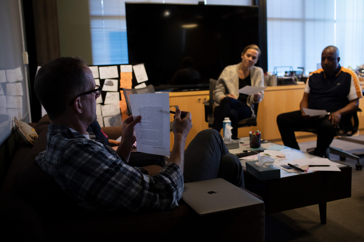 A "Soul" story meeting with Pete Docter, Dana Murray and Kemp Powers on November 25, 2019 at Pixar Animation Studios in Emeryville, Calif. (Photo by Deborah Coleman / Pixar)