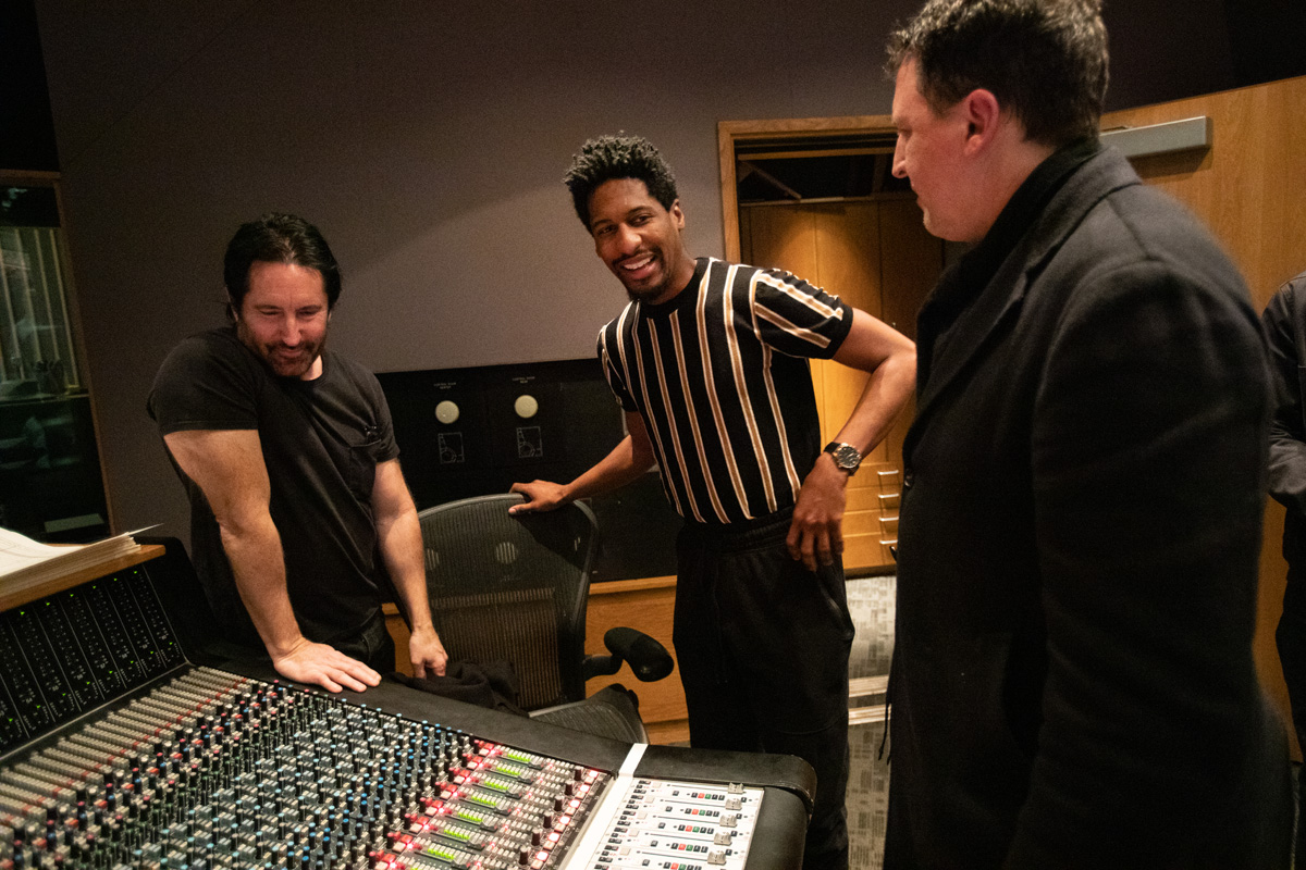 Trent Reznor, Jon Batiste and Atticus Ross at the music recording session for "Soul," a Pixar Animation Studios film, on January 3, 2020 at Capitol Studios in Los Angeles, Calif. (Photo by Deborah Coleman / Pixar)