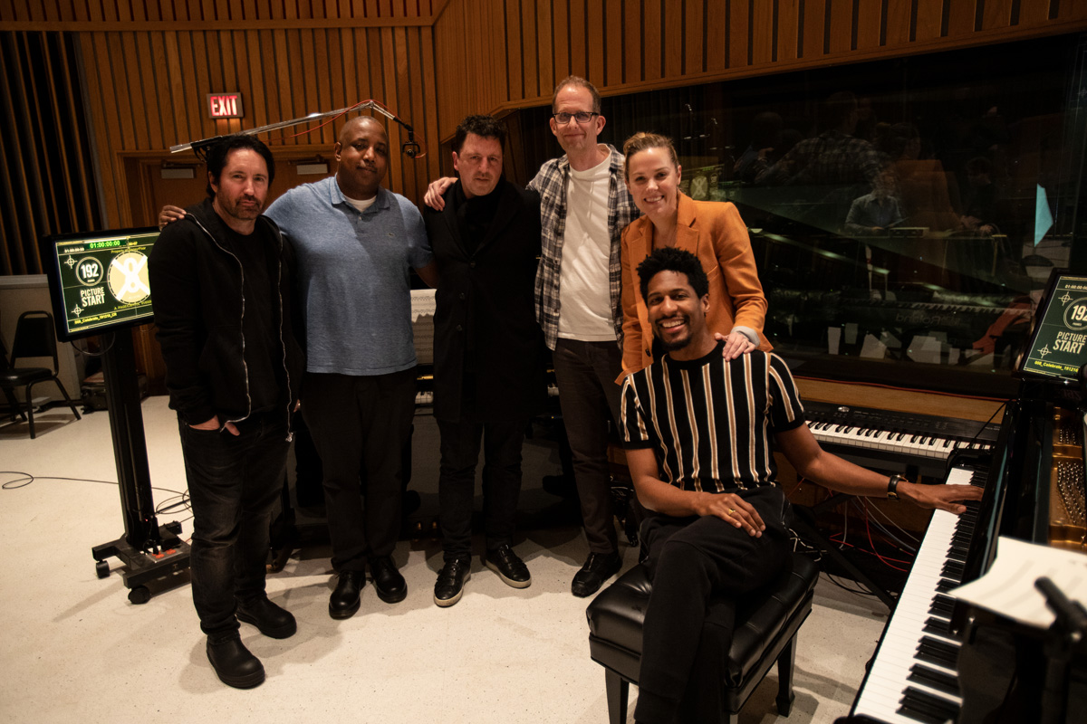 Trent Reznor, Kemp Powers, Atticus Ross, Pete Docter, Dana Murray and Jon Batiste at a music recording session for "Soul," a Pixar Animation Studios film, on January 3, 2020 at Capitol Studios in Los Angeles, Calif. (Photo by Deborah Coleman / Pixar)