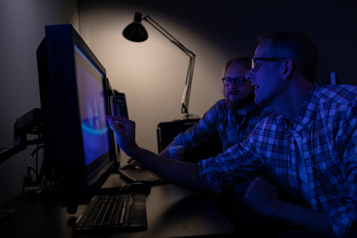 Ian Megibben during a lighting review with Pete Docter for "Soul" on February 6, 2020 at Pixar Animation Studios in Emeryville, Calif. (Photo by Deborah Coleman / Pixar)